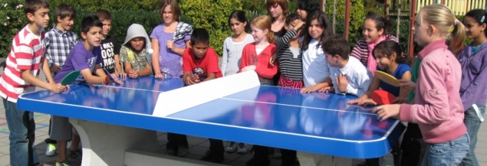 Abgerundeter Tischtennistisch Blau aus Beton